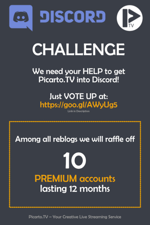 eyebrowride:  techcat-mod:  picartotv:   CAMPAIGN: Get Picarto.TV into Discord!  Today, we got informed about a simple voting on Discord to get Picarto.TV integration for all Discord users. Now we need your HELP to make this happen!  You can vote up for