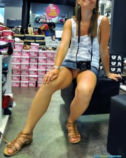 carelessinpublic:  Inside a shop in a short skirt and showing