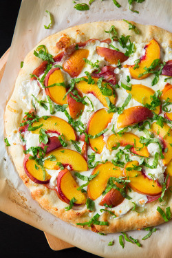 foodffs: Three Cheese Peach and Prosciutto Pizza with Basil and
