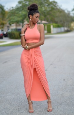 ecstasymodels:  Valerie Peach Draped Two Piece Set Chic Couture