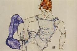 artist-schiele: Seated Woman in Violet Stockings, 1917, Egon