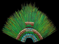 ufansius:  Aztec headdress made with the feathers of the resplendent quetzal, lovely cotinga, roseate spoonbill, and squirrel cuckoo (bottom 4 photos, clockwise from upper left) with gold ornamentation. 
