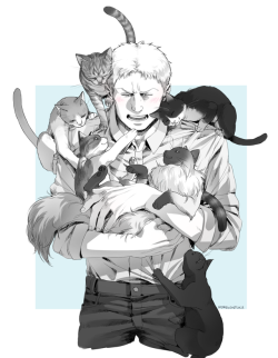 nenekantoku: Commission! Cats climbing all over Reiner.  ☆