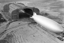The Hindenburg trundles into the U.S. Navy hangar at Lakehurst,