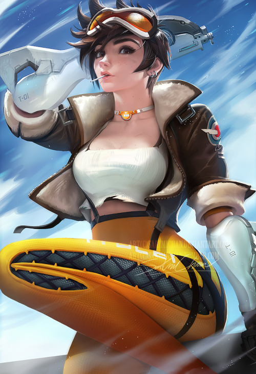 sakimichan:   My take on Tracer’s day off :3 fun fan piece she’s wear a mini chrono choker device.PSD high res,steps,vidprocess etc>https://www.patreon.com/posts/tracer-day-off-7222597   