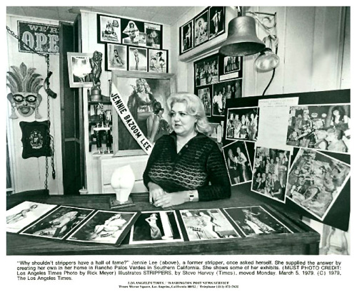 Vintage press photo from March of ‘79 features Jennie Lee posing with just some of the Burlesque-related memorabilia she’s collected over the years.. This room in her Palos Verdes home served as a makeshift “museum”.. But by the