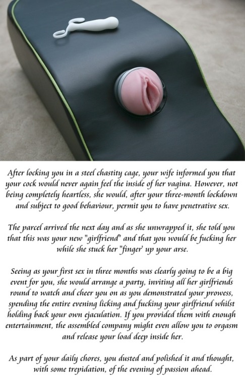 submissive-william:  After locking you in a steel chastity cage, your wife informed you that your cock would never again feel the inside of her vagina. However, not being completely heartless, she would, after your three-month lockdown and subject to