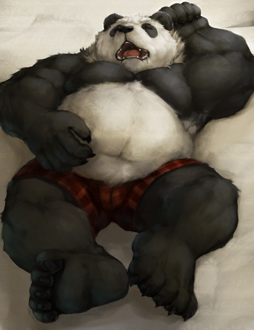 ralphthefeline:A pudgy giant panda guy is being all chubby and lazy, drooling while he sleeps~! Bet one can bounce and jump on that fluffy pudgy belly of his~!