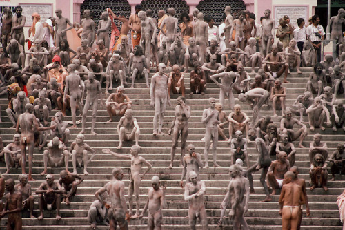 maleinstructor:  Every 12 years, millions of devout Hindus celebrate the month-long festival of Kumbh Mela by bathing in the holy waters of the Ganges at Hardiwar, India. Hundreds of ashrams set up dusty, sprawling camps that stretch for miles. Under
