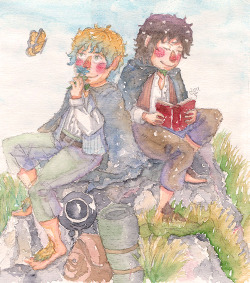 cross-mountain:  Frodo and Sam, watercolors from a few weeks