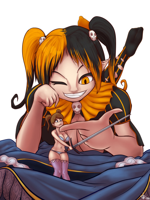 xanafar:  The little half-imp girl Naran used her shrinking powers against the swordwoman Alise. Her magical sword, able to change its size at her will, but bound to Alise’s actual size, is a fancy tootpick for now-not-so-little Naran. I doubt people