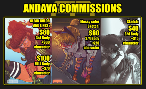 andava:  COMMISSIONS OPEN email address andres.avalos1992@gmail.com Payment is required to confirm a commission spot. Once your commission is approved I will let you know and then you can send payment. All payment is upfront on the part of the commissione