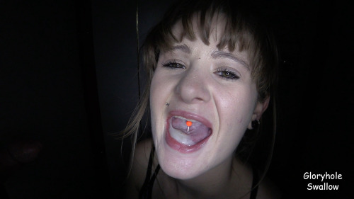 Cute young babe never even had cum in her mouth before and she sucked off 9 random strangers and swallowed every drop that was fed to her.Â  Now she wants a gangbang in the Theater Room!Â  We created a monster!GloryholeSwallow.com