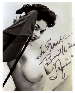Sequin        (aka. Geri Tamburello) Vintage 50&rsquo;s-era promo photo, personalized: &ldquo;To Frank,  Bust Wishes &ndash; Sequin&rdquo;..