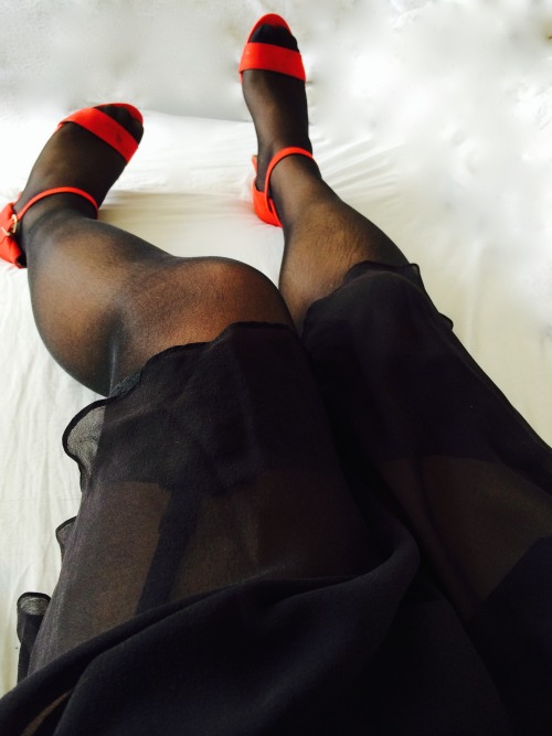 plikespanties:  plikespanties:  plikespanties:  I really went for it yesterday! Started with the red suede heels, then I bought stockings. Shaved my thighs & picked out my combined thong suspender skirt to go with the stockings. Finally I put on the