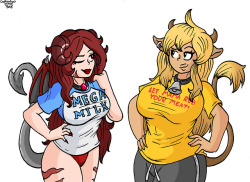 Crimson and Maya wearing some T shirts. I realized after finishing