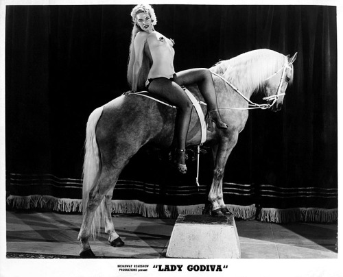   Frances DuBay (and her Educated Stallion) Vintage 50’s-era publicity still promoting a ‘Broadway Roadshow Productions’ film recording of her: “LADY GODIVA” act.. The horse was a mare named “Melody Lady”, rather than a stallion.
