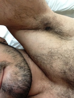 Hairy chest, legs,Beard and Mustache.