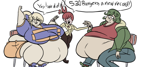 joekie3wl:  100 burger challenge Cindy and her boyfriend Grant try to beat a burger eating challenge.  I pretty much never draw guys gaining weight in these things and I don’t plan on doin’ it a whole lot in the future, The idea just kind of appeared