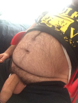 hirsutehypersex:  Playing with my fat sexy hairy belly and my fat cock, who’s gonna help Me out??    I&rsquo;d love to help you out with your needs buddy. ;)