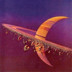 70sscifiart:  Two very different takes on a skull planet, by