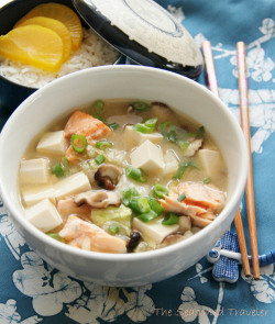 in-my-mouth:  Miso Soup with Salmon, Tofu, Mushrooms and Napa