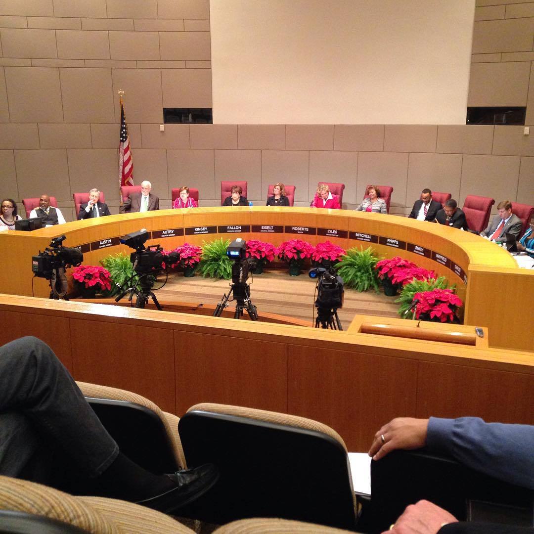 <p>How festive the council chambers are this evening #clt</p>