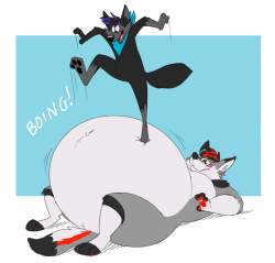 toobusybeingfat:  a silly commission for kumowuff featuring amiss.  Tummies make great trampolines. :3 