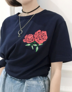 byetoyoua: Street-style Graphic Tees  Rose Embroidered   Day&Night
