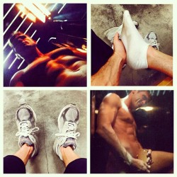 lancehart:  Smelly socks gym time #malefeet #sneakers #dirtysocks