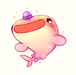 fluffysheeps:Slushie the pink whale shark and Grape the angry