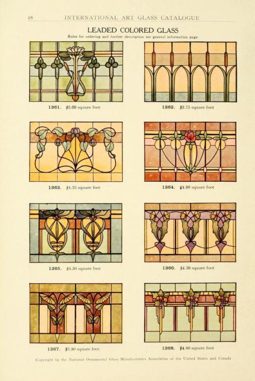 heaveninawildflower:  Designs taken from ‘International Art Glass Catalogue’ by National Ornamental Glass Manufacturers Association of the United States and Canada.Published 1914 by Shattock & McKay Co. Winterthur Museum Library.archive.org  Wow.