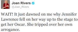 superwholockavenging:  Joan Rivers called Jennifer Lawrence arrogant
