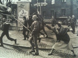 dreadpiratekhan:  A Swedish woman hitting a neo-Nazi protester