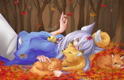 saucebox16:  Kokkuri-san and foxes napping under Kureha’s maple
