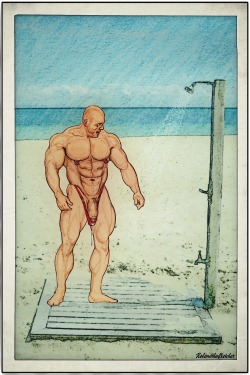 rolandthesketcher:  Beefy lifeguard at the beach shower. WOW