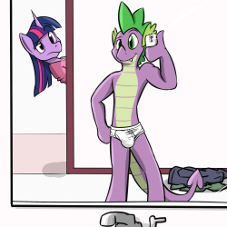 Spike taking a selfie in the bathroom mirror in his undies, though