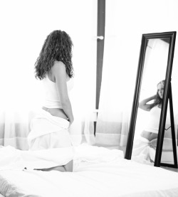 tabmt:  topless black and white bedroom setting with Melissa