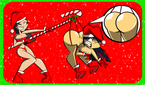 dacommissioner2k15:  ck-blogs-stuff:  X-Mas Commission: Season’s Thong Wedgie! by Codykins123  Here’s a commission ordered by @dacommissioner2k15  where he asked Heather giving Emma a thong wedgie in super skimpy Santa outfits. Alternate versions: