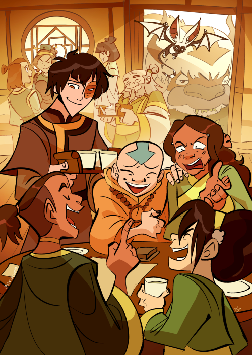 stripeyworm:Drew the Gaang hanging out at Iroh’s teashop!!