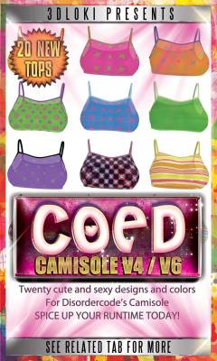    Another new Camisole set from Loki! Coed camisole V4/V6 is a brand new  Materials pack for disordercode&rsquo;s Strip Show II for V4 &amp; Strip Show  II for V6, with this pack you&rsquo;ll get 21 fully detailed high-resolution  material files.Coed