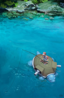 catandcrown:  butt-berry: Out fishing with Blastoise  Art like