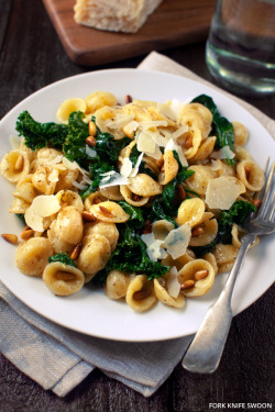 foodfuckery:  Orecchiette with Wilted Spinach, Kale and Toasted