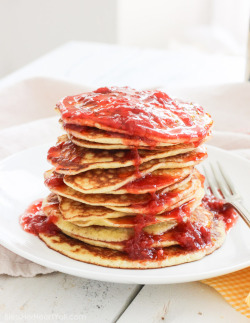 sweetoothgirl: Gluten-Free Pancakes w/ Smashed Strawberry Champagne