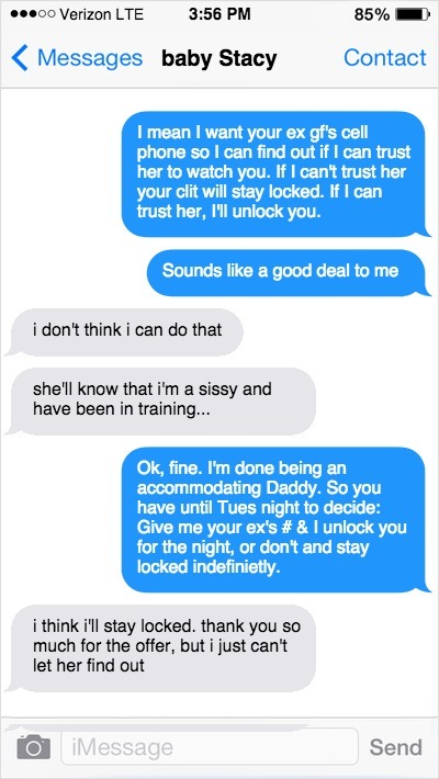 A text convo that I had with stacy yesterday. I was praying that she would give me the number…Â Knowing that her ex girlfriend would be directly involved in her feminization is making me hard thinking about it.Â Any other ideas I can use to get