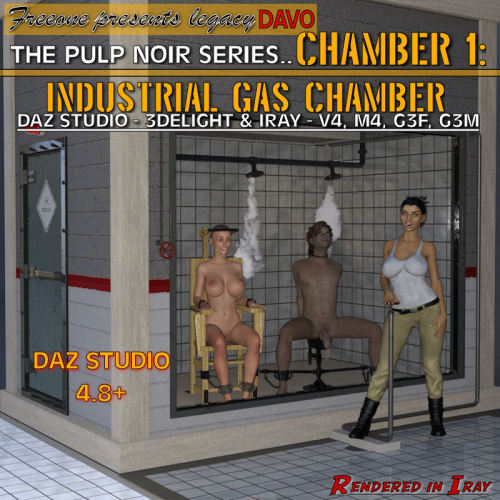  Freeone  Presents LEGACY DAVO - CHAMBER 1: “INDUSTRIAL GAS CHAMBER” is a Daz  Studio re-make of this classic multi-purpose chamber with gas/steam  piping and water piping elements. This can be used as a gas chamber,  water peril chamber,