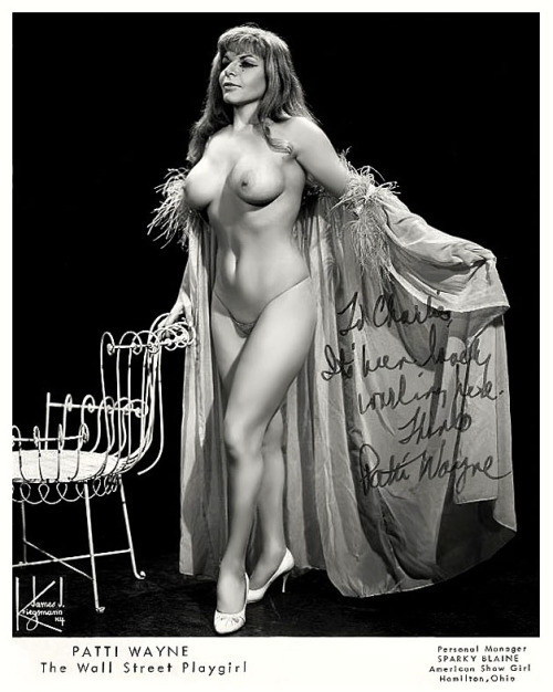 Patti Wayne         aka. “The Wall Street Playgirl”.. Vintage 60’s-era promo photo personalized: “To Charlie – It’s been lovely working here. Thanks, – Patti Wayne”..     