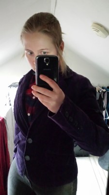 not sure if checkered shirt under purple velvet blazer is considered