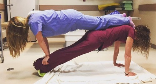 sexonshift:  Some sexy girls planking at work.#submission # sexynurse #scrubsI’d be keen to be on the floor or in the middle when they run out of strength.We are keen on a bit of fun to lighten the work day.. Thx for the share