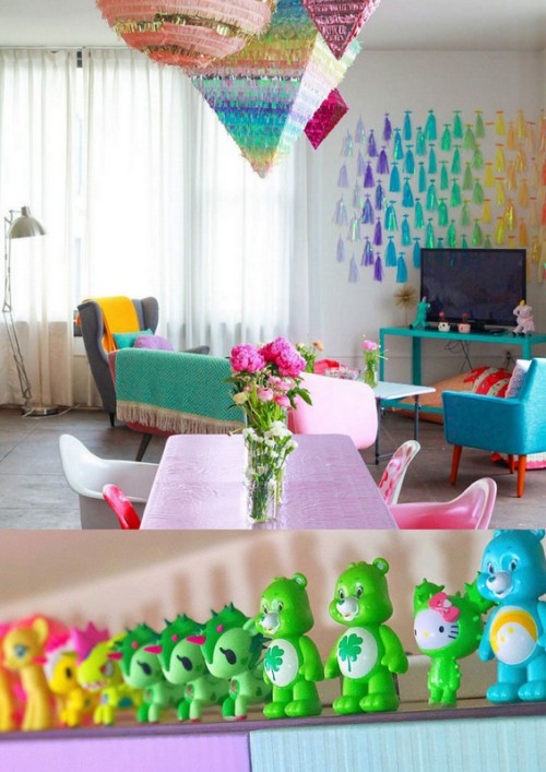 triplehamburgerjack:  culturenlifestyle:  Rainbow Colored Apartment Is Your Childhood Dream Amina Mucciolo, also known as Studio Mucci, is not shy or subtle when it comes to reflecting her personality through the interiors of her unicorn themed apartment.